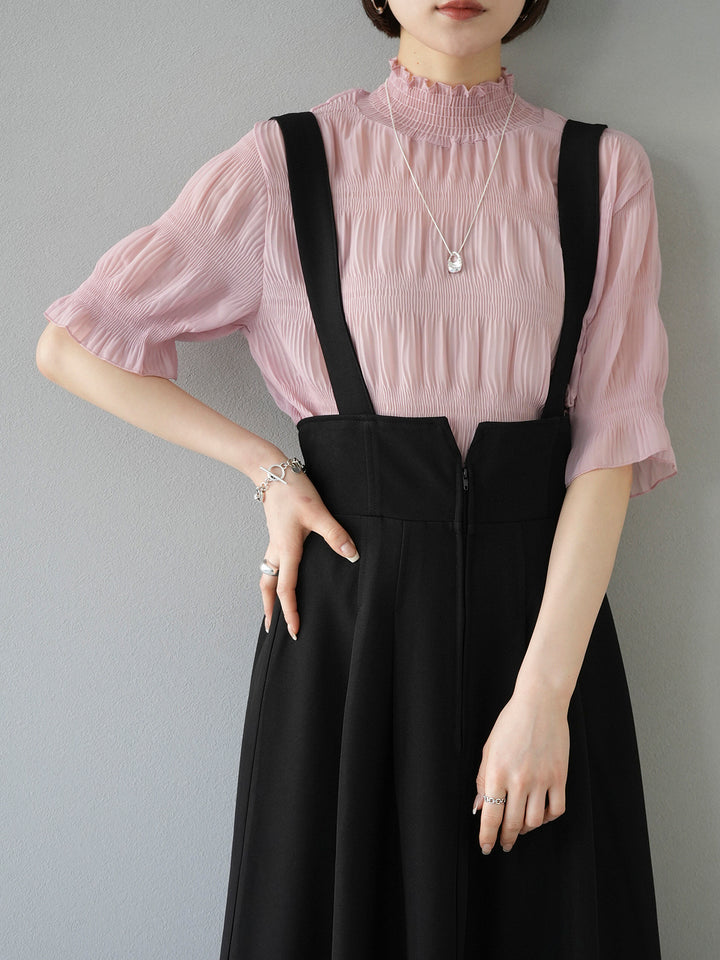 [SET] Shirring chiffon half sleeve blouse + 2WAY flare jumper skirt (2set)