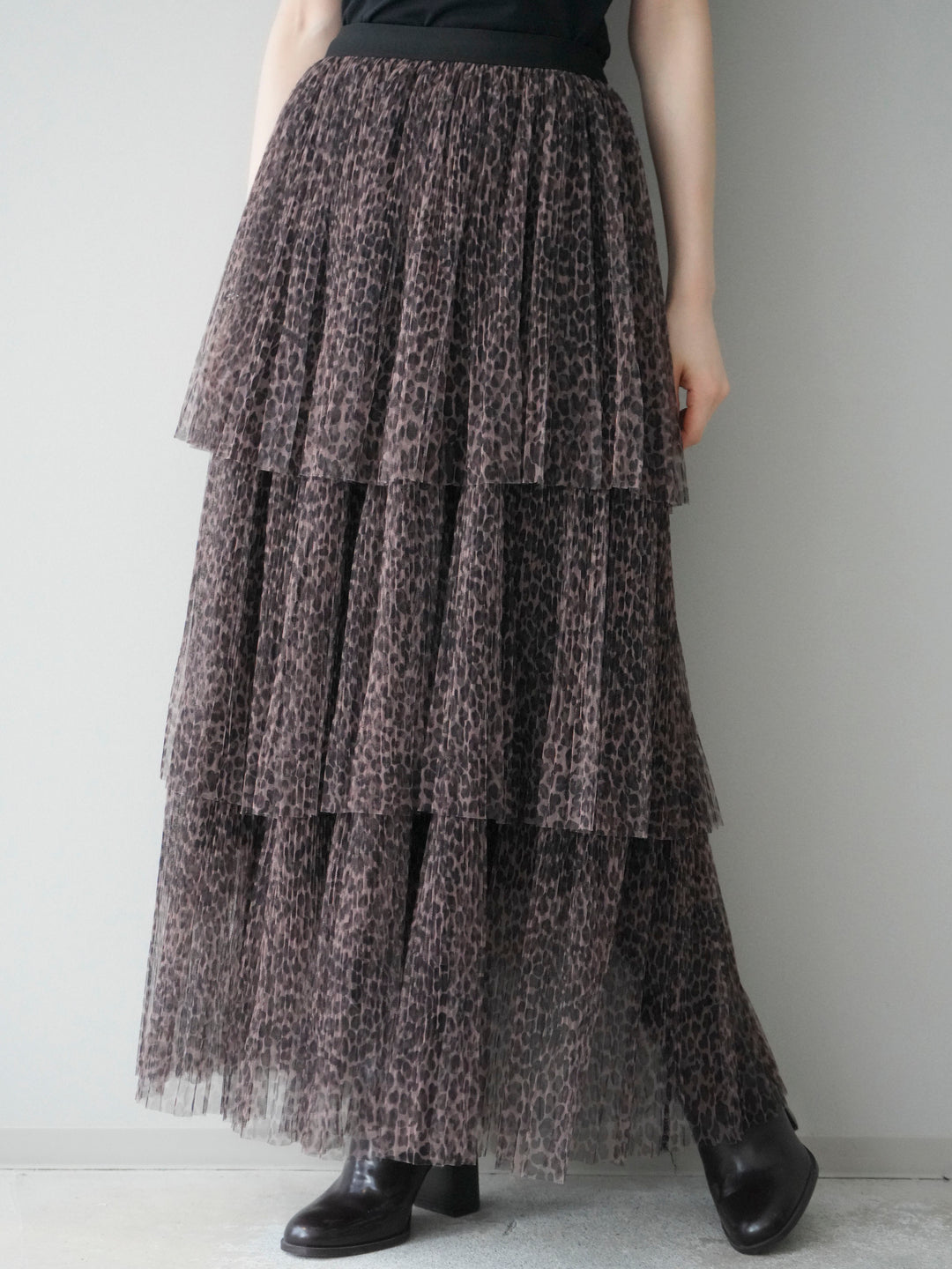 [予約]レオパード柄チュールフリルスカート/brown