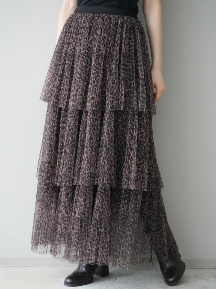[予約]レオパード柄チュールフリルスカート/brown