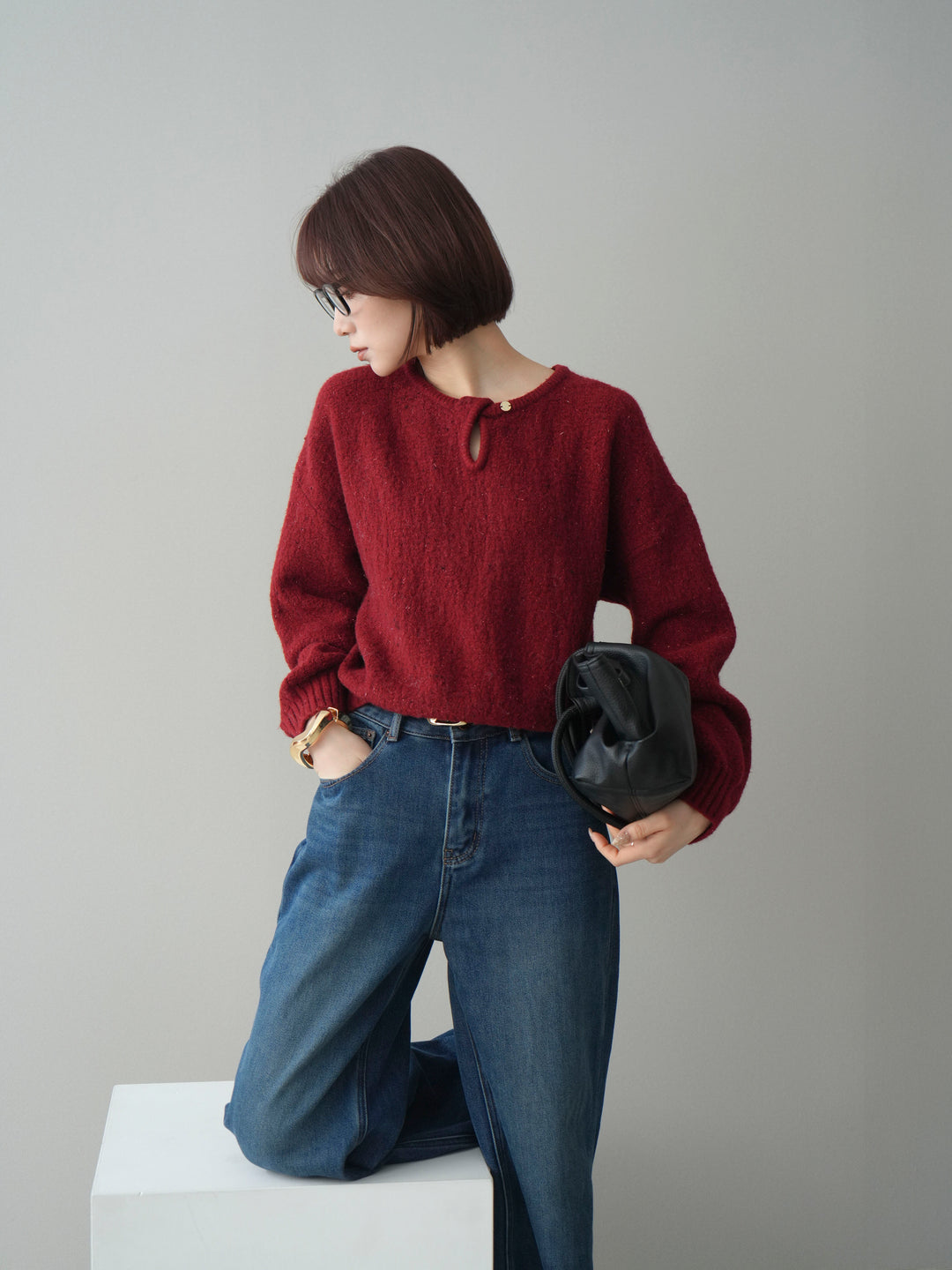 [SET]ツイストネックラメネップヤーンニットプルオーバー+選べるアクセセット(2set)