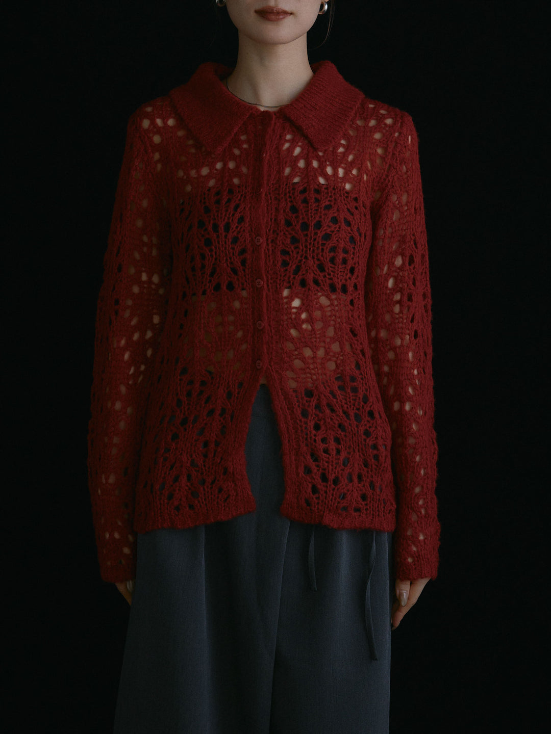 [予約]ローゲージ透かし編みポロニッカーディガン/レッド