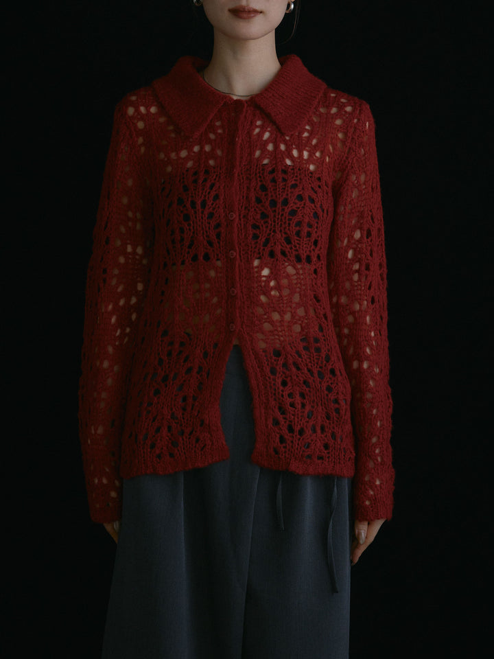 [予約]ローゲージ透かし編みポロニッカーディガン/レッド