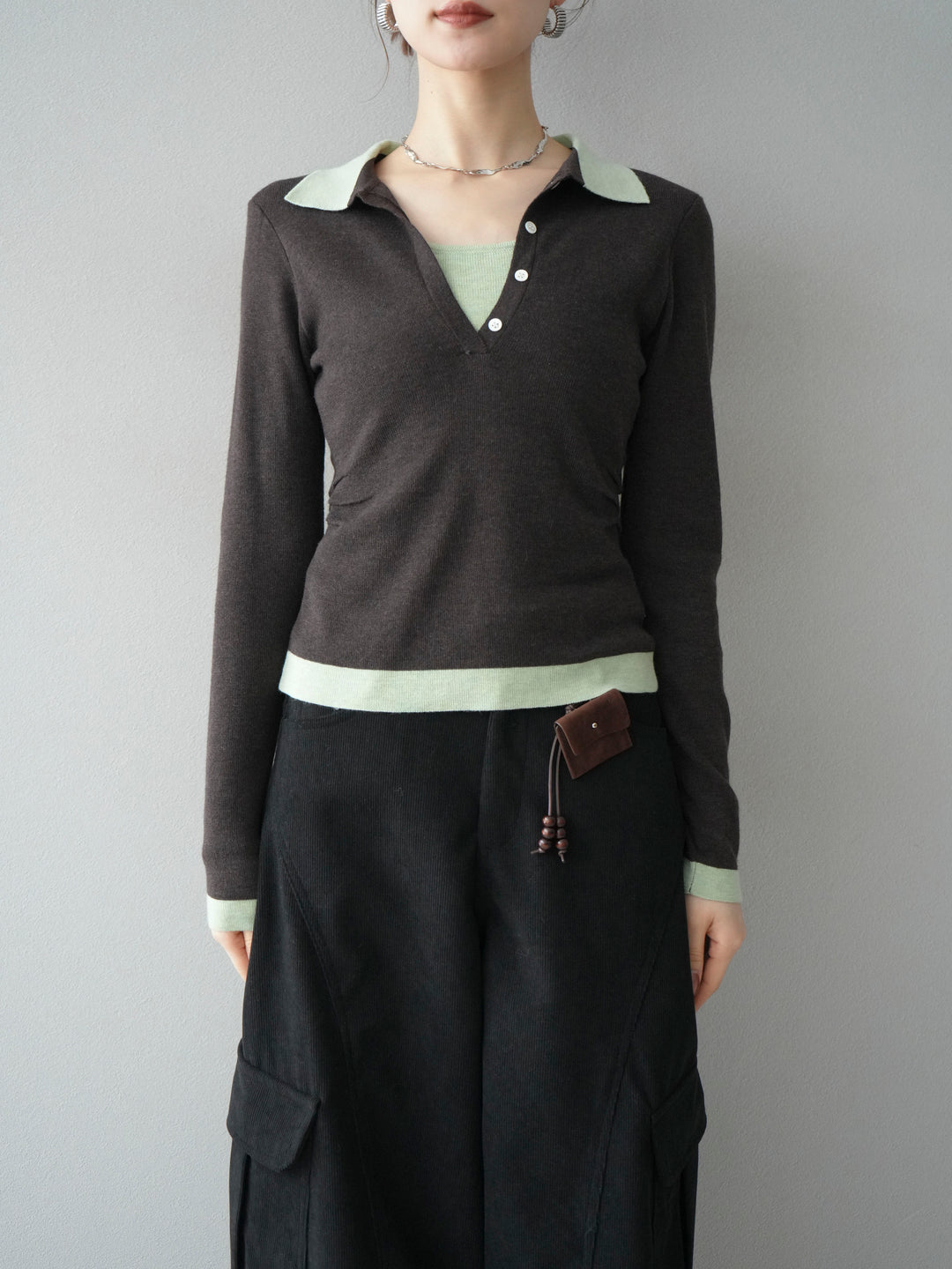 [予約]レイヤード配色ポロニットトップス/darkbrown