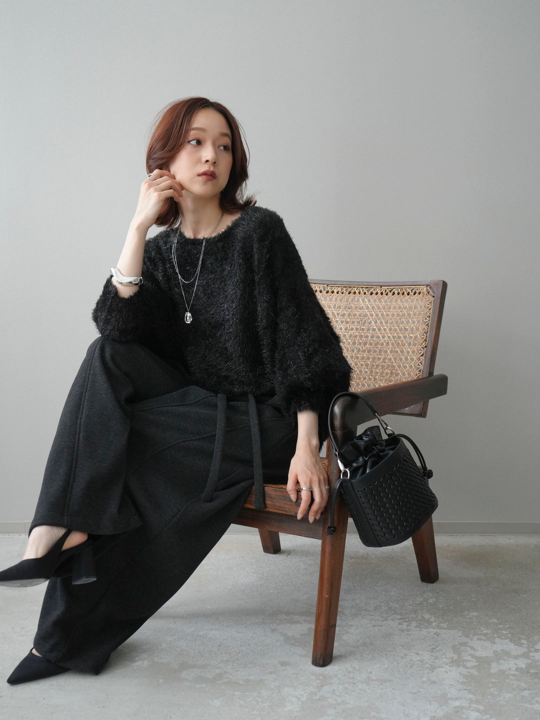 [予約]ラメシャギードルマンニットプルオーバー/black