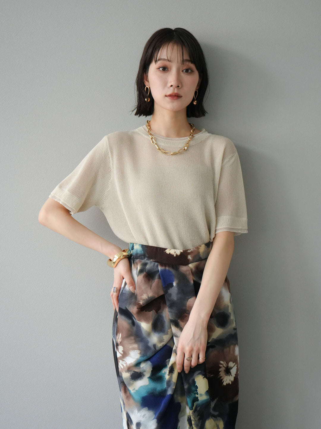 [SET]リネンタッチ配色二重臼ハーフニットトップス+選べるアソート柄スカートセット(2set)