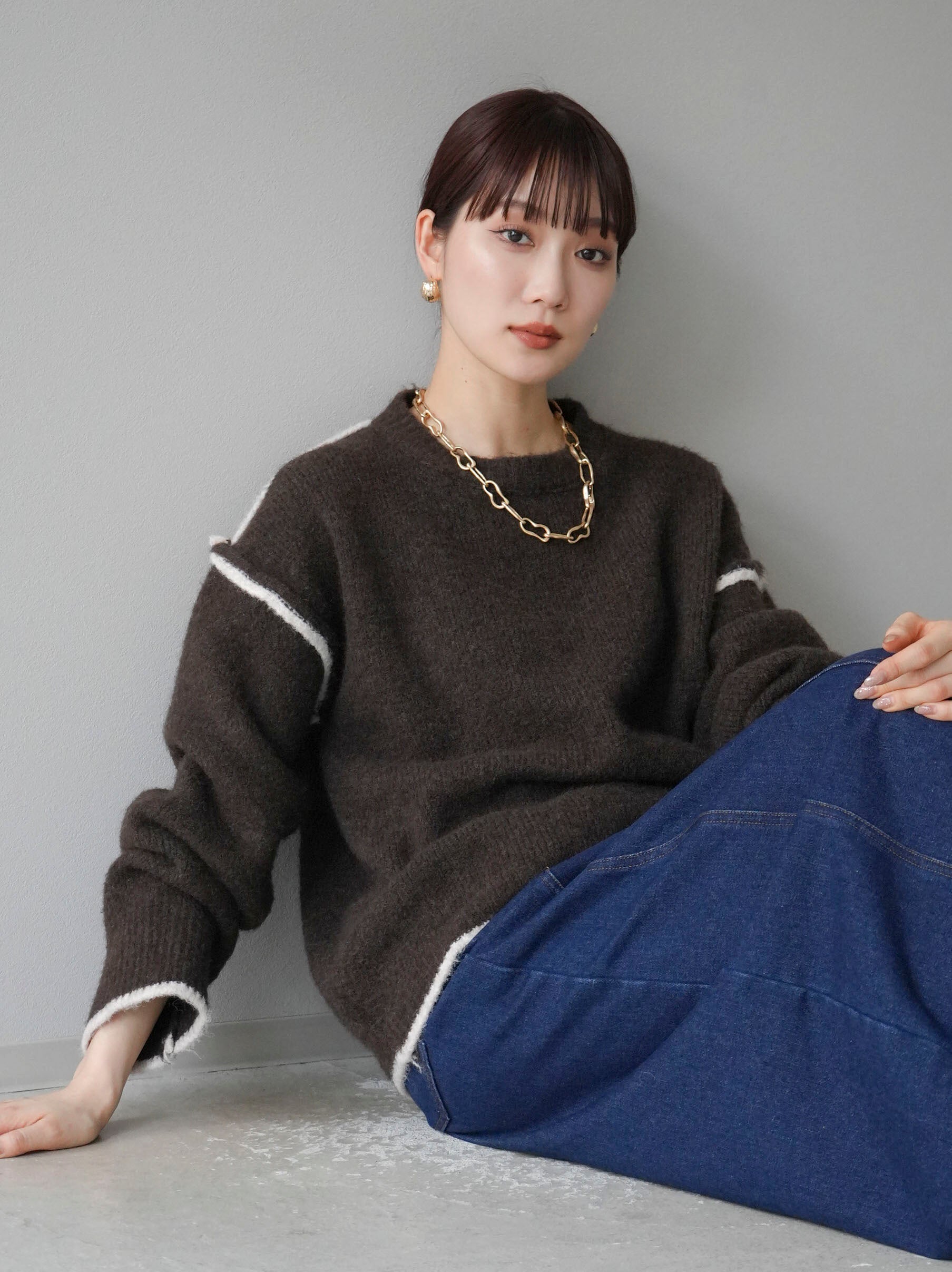 予約]配色リンキングニットプルオーバー/ブラウン – Lumier