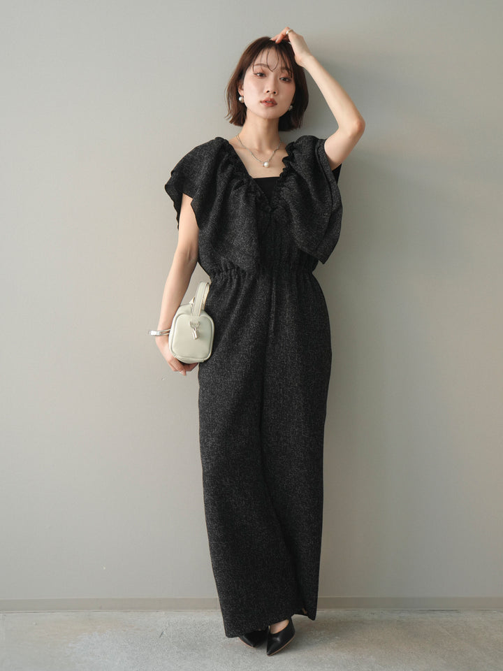 [SET]3WAYミックスツイードギャザーオールインワン+選べるアクセセット(2set)