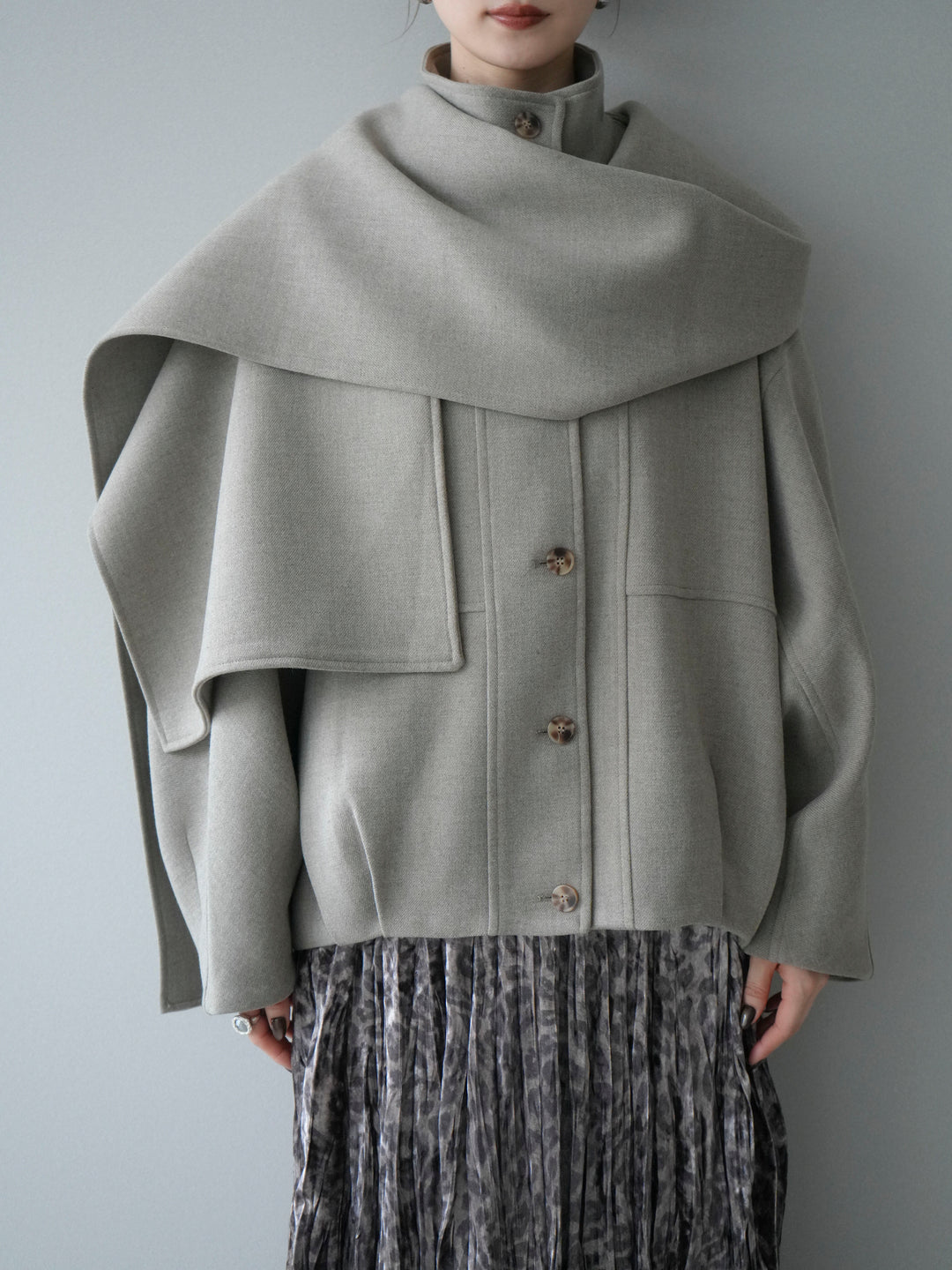 [予約]ストール付きミディアムコート/khaki