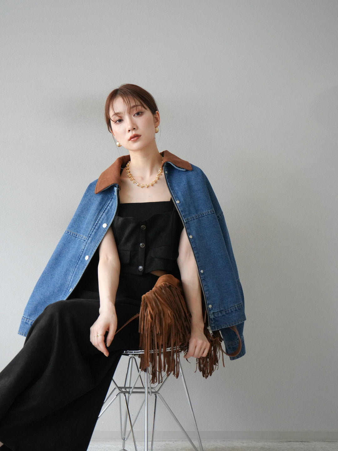 [予約]スウェード襟切替デニムブルゾン/ブルー