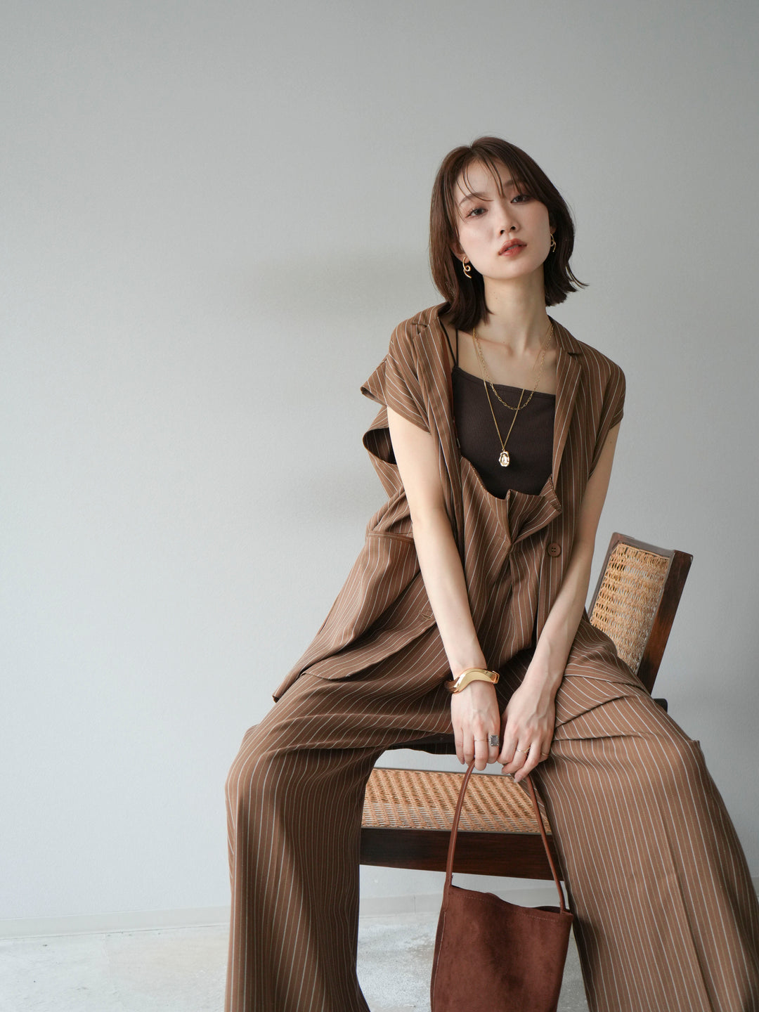 【着回しセット】[SET]ヘリンボーンストライプジレ+シアー切替ベロアトップス+ヘリンボーンストライプサロペット(3set)