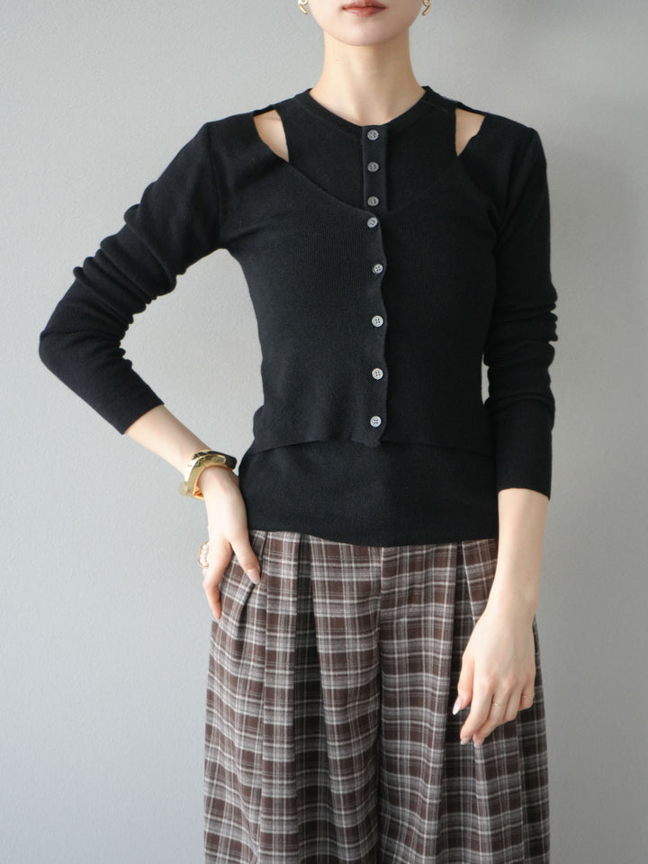 [予約]レイヤードデザインニットカーディガン/ブラック