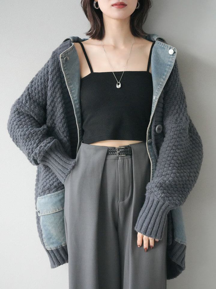 [SET]デニム襟レイヤードニットジャケット+ベルトループデザインワイドパンツ(2set)