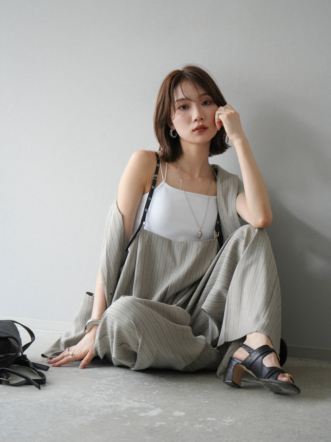 [SET]ヘリンボーンストライプジレ+ヘリンボーンストライプサロペット(2set)