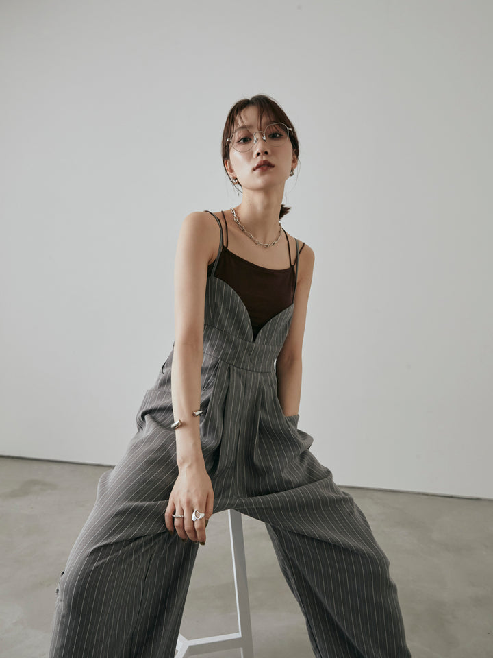 [予約]ヘリンボーンストライプサロペット/チャコール