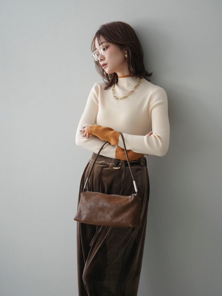 [SET]袖ボタンハイネック配色リブニットトップス+ベロアベルトスリムパンツ(2set)