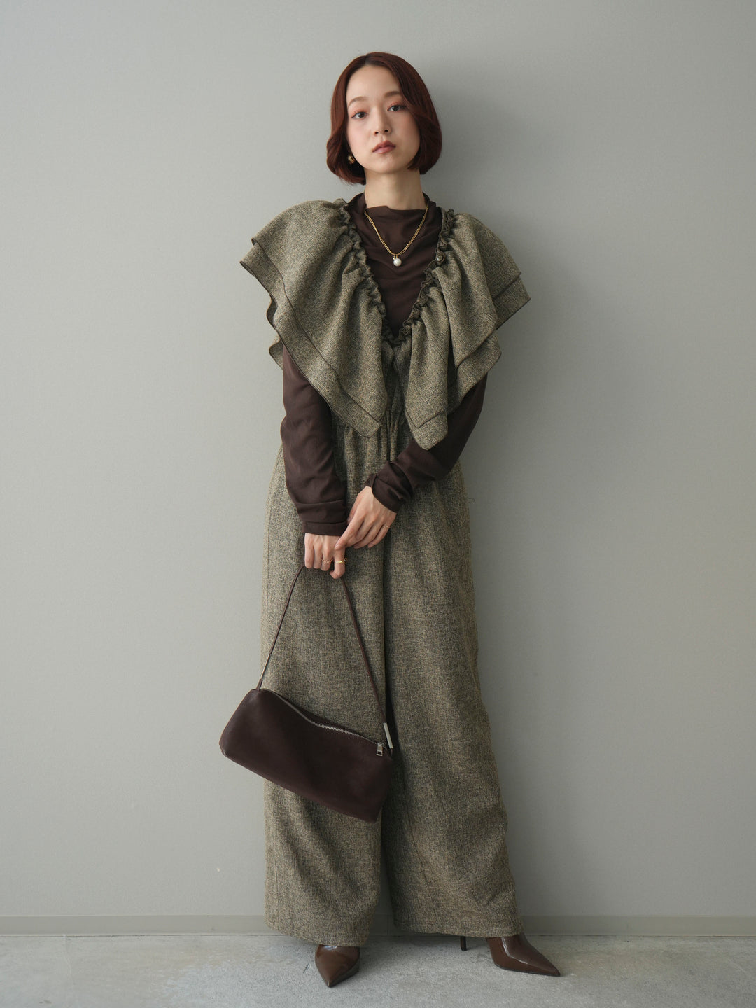 [SET]3WAYミックスツイードギャザーオールインワン+シアープチネックストレッチトップス(2set)