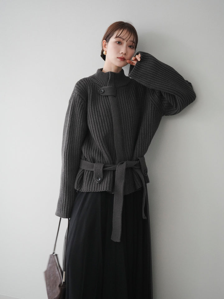 [予約]畦編みボトルネックZIPニットカーディガン/ gray