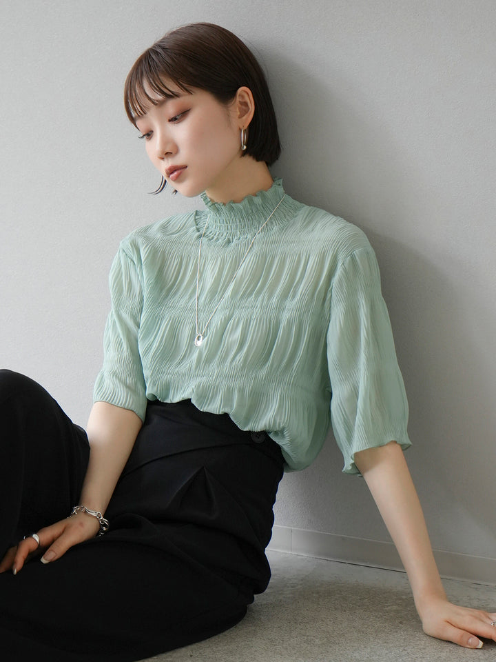 [Pre-order] Shirring Chiffon Half Sleeve Blouse/Mint