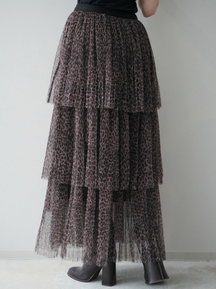 [予約]レオパード柄チュールフリルスカート/brown