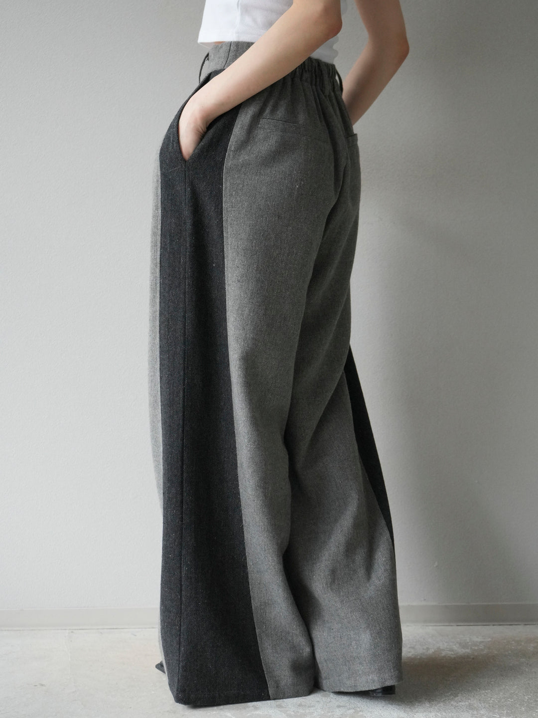 【預購】粗花呢側色寬褲/灰色