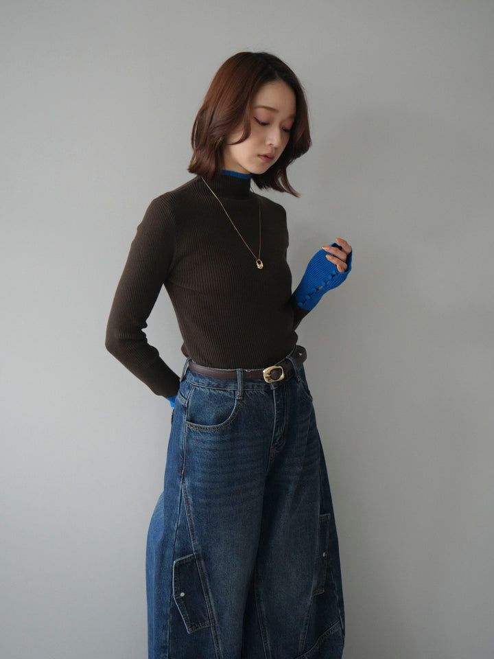 [予約]袖ボタンハイネック配色リブニットトップス/brown