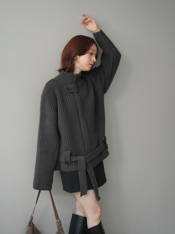 [予約]畦編みボトルネックZIPニットカーディガン/ gray