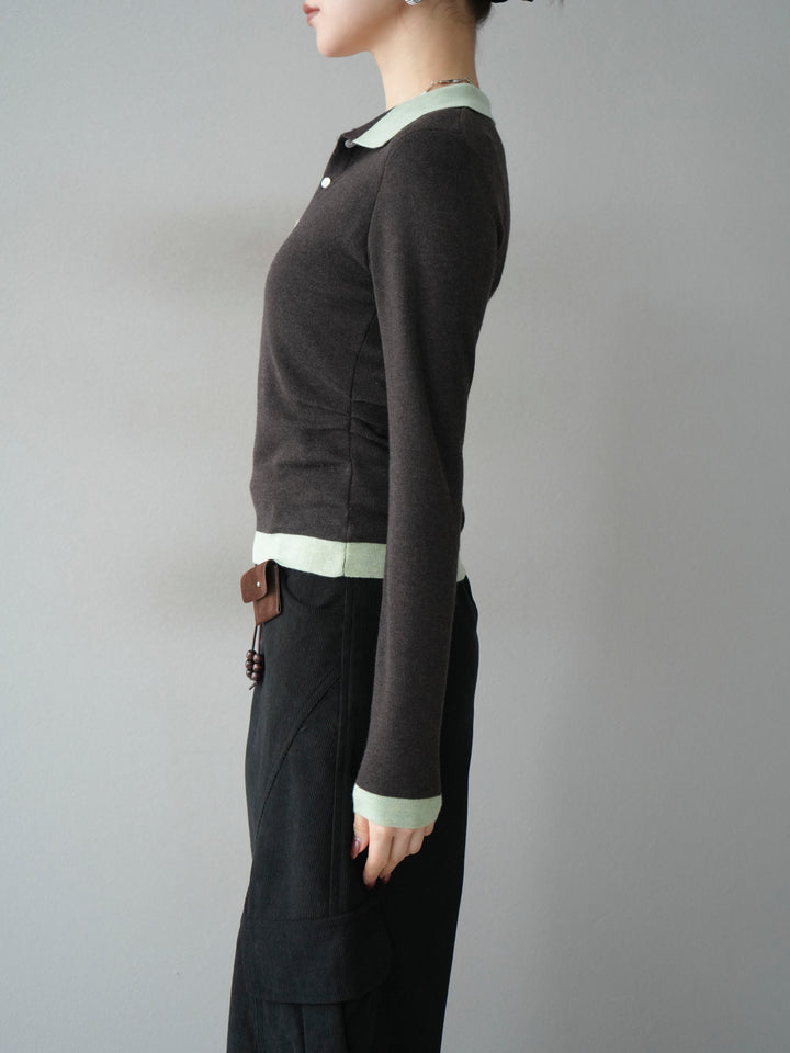 [予約]レイヤード配色ポロニットトップス/darkbrown