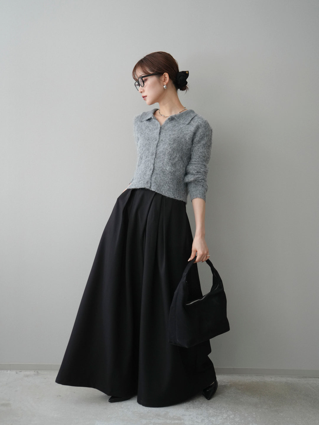 [SET]モヘア衿付きボタンプルオーバー+テープベルトタックバギーパンツ(2set)