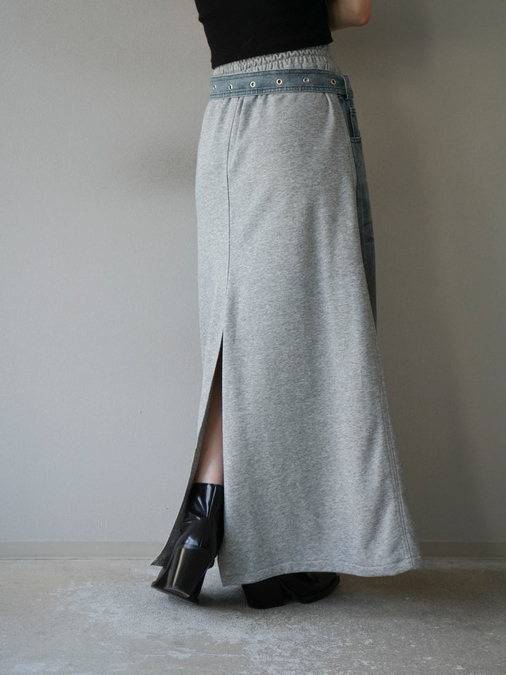 [予約]デザインベルトデニムドッキングスウェットスカート/グレー
