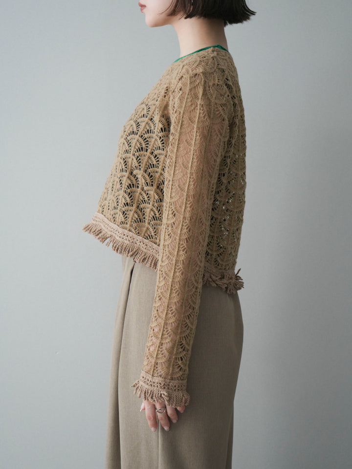 [予約]扇透かし編みクロップドニットプルオーバー/beige