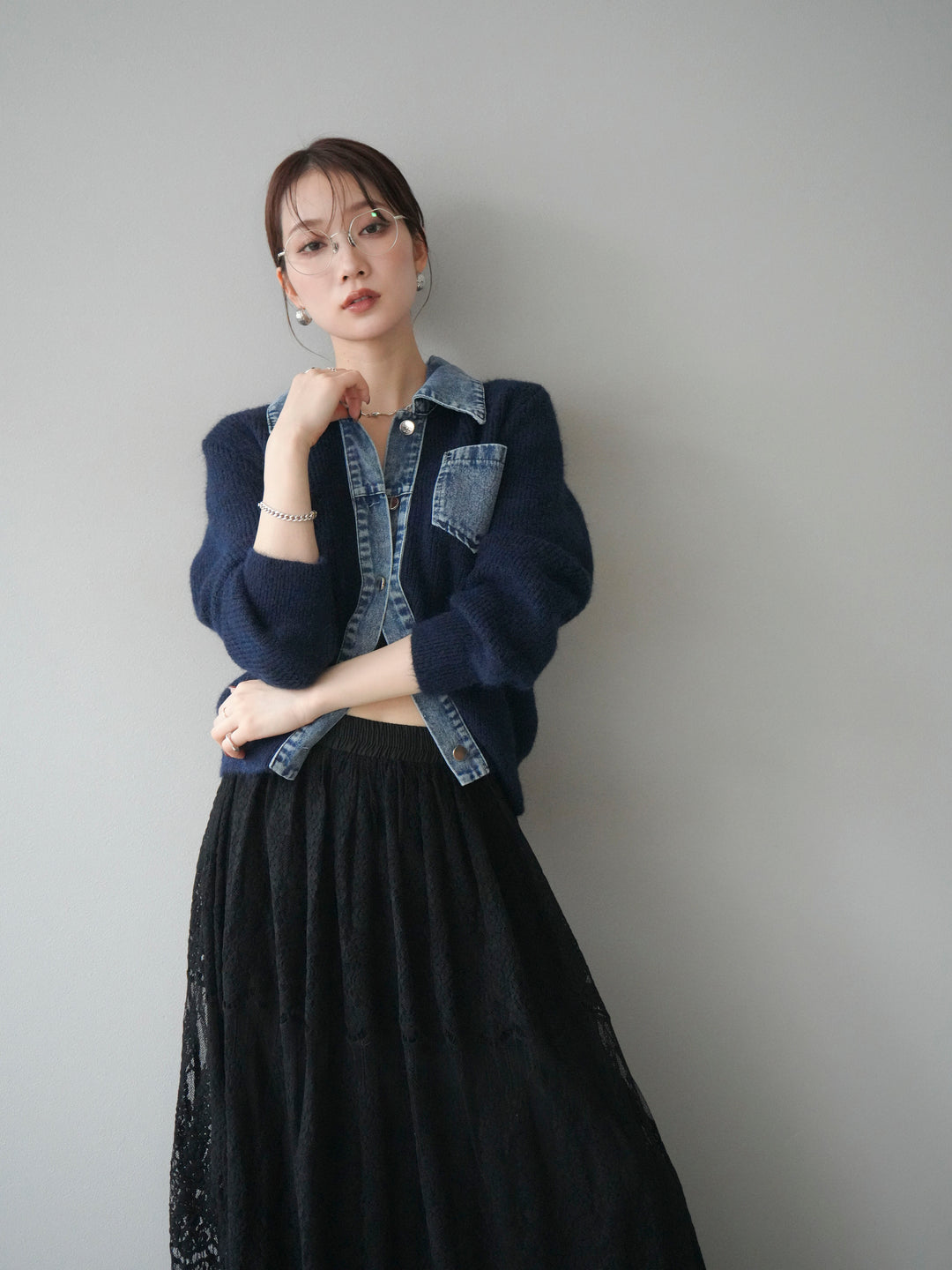 [予約]デニム襟ポケットニットカーディガン/navy