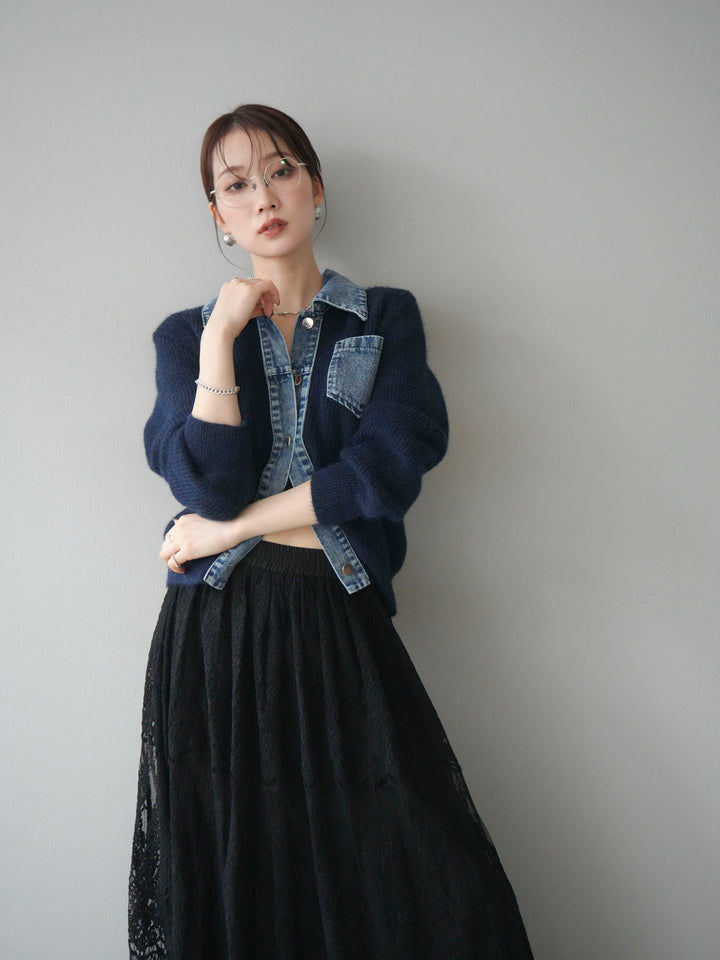 [予約]デニム襟ポケットニットカーディガン/navy