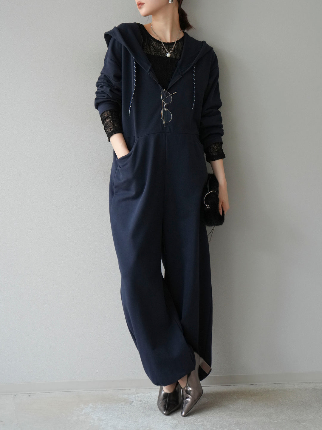 [予約]ミニ裏毛フーディージャンプスーツ/ダークネイビー