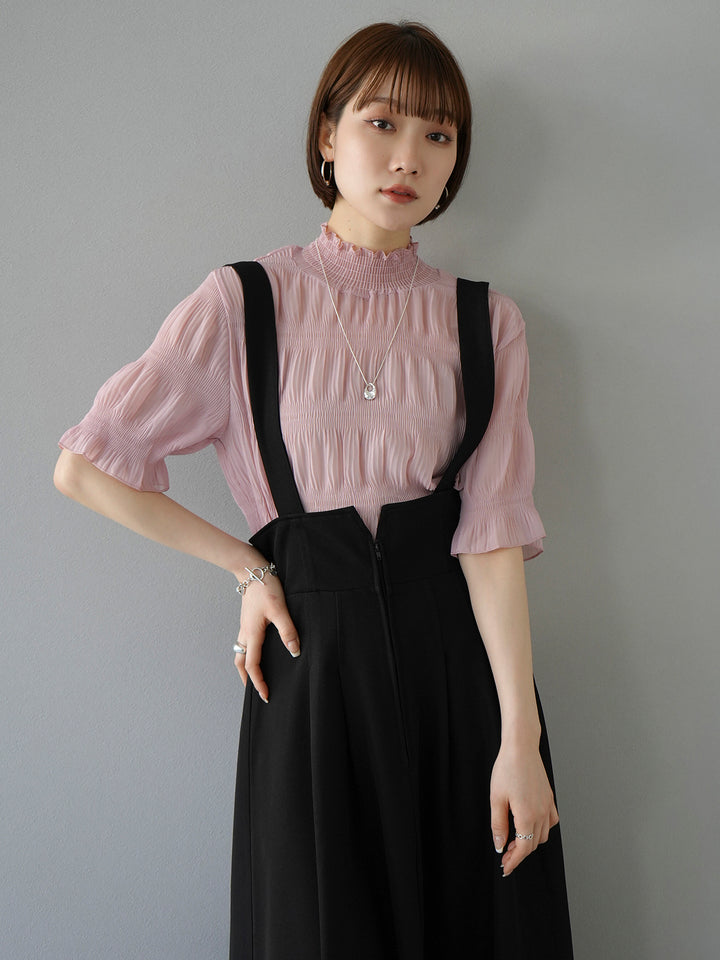 [SET] Shirring chiffon half sleeve blouse + 2WAY flare jumper skirt (2set)