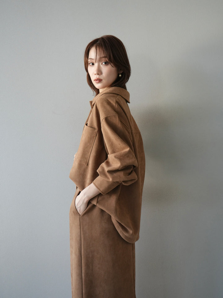 [SET]スエードシャツジャケット+スエードタイトスカート(2set)