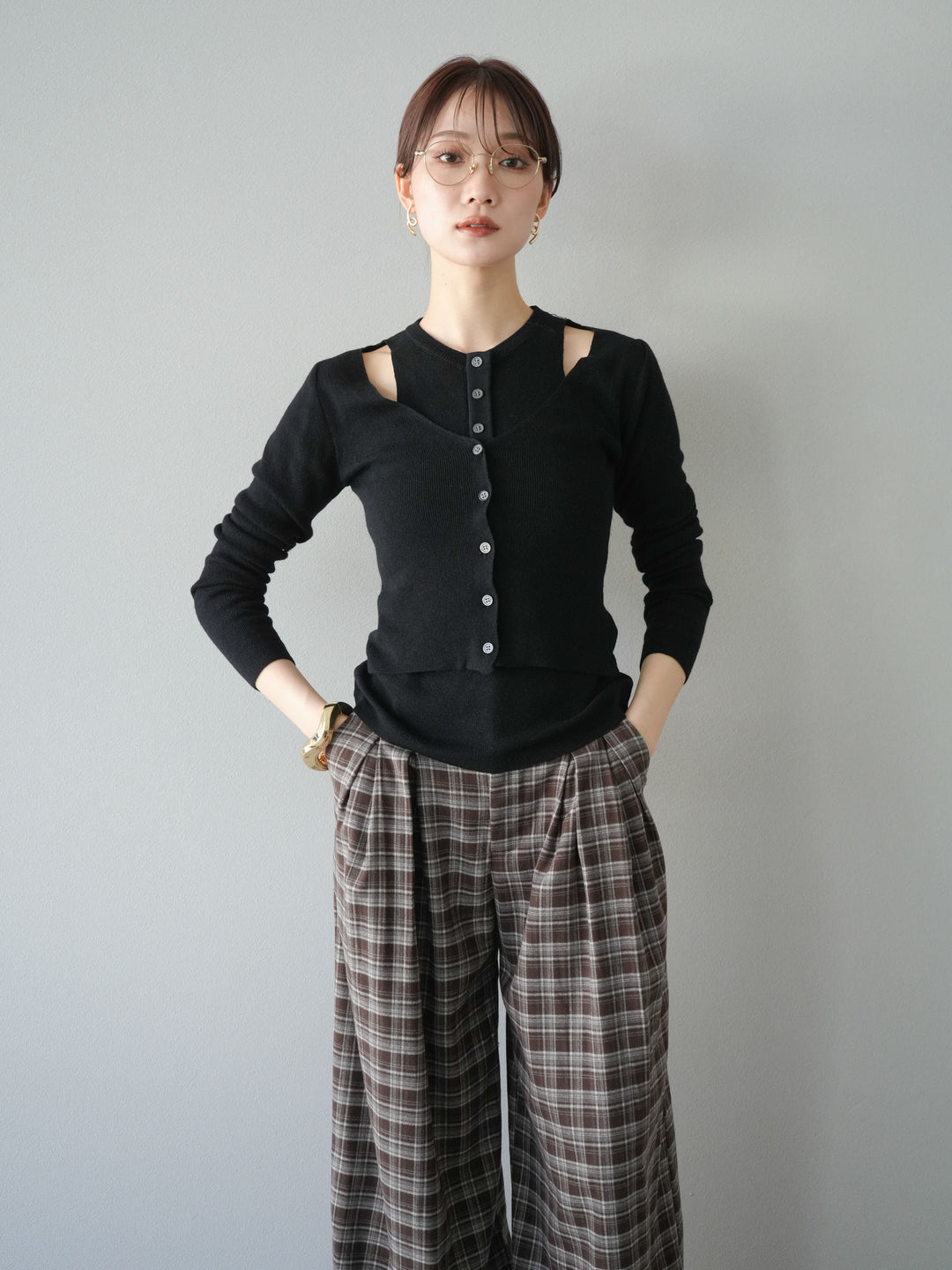 [予約]レイヤードデザインニットカーディガン/ブラック