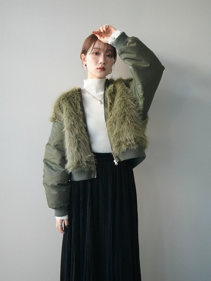 [SET]ファードッキングMA-1+袖ボタンボトルネックリブニットトップス(2set)