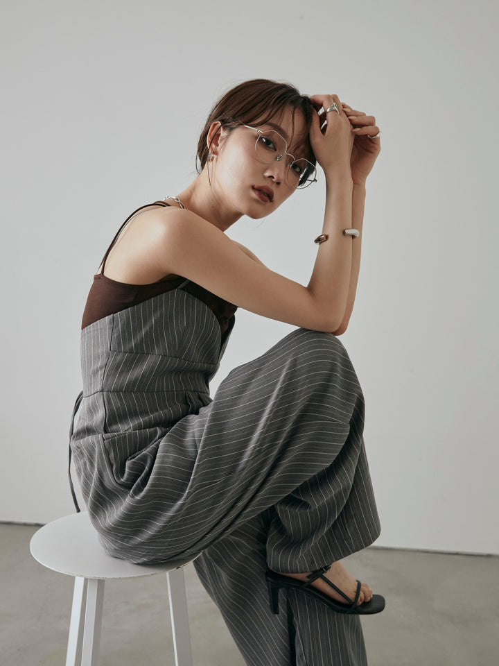 [予約]ヘリンボーンストライプサロペット/チャコール