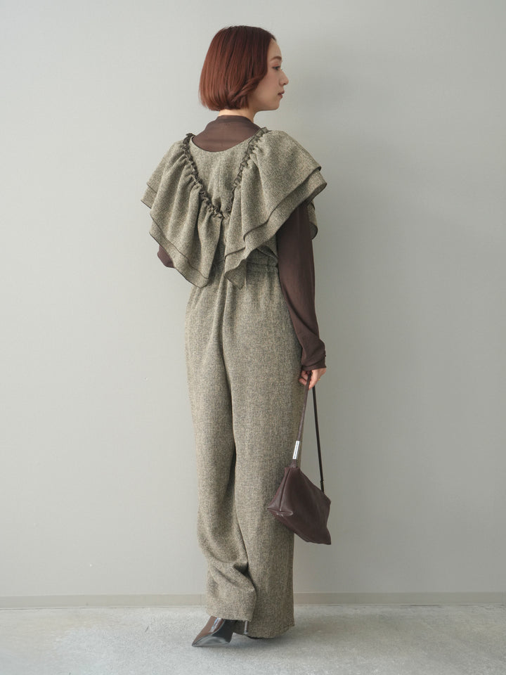 [SET]3WAYミックスツイードギャザーオールインワン+シアープチネックストレッチトップス(2set)