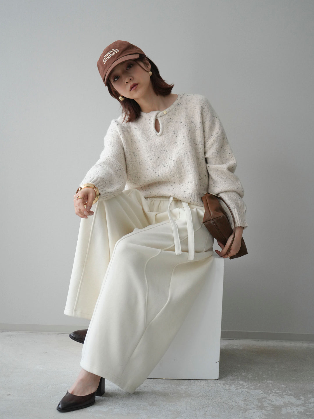 [予約]ツイストネックラメネップヤーンニットプルオーバー/ivory