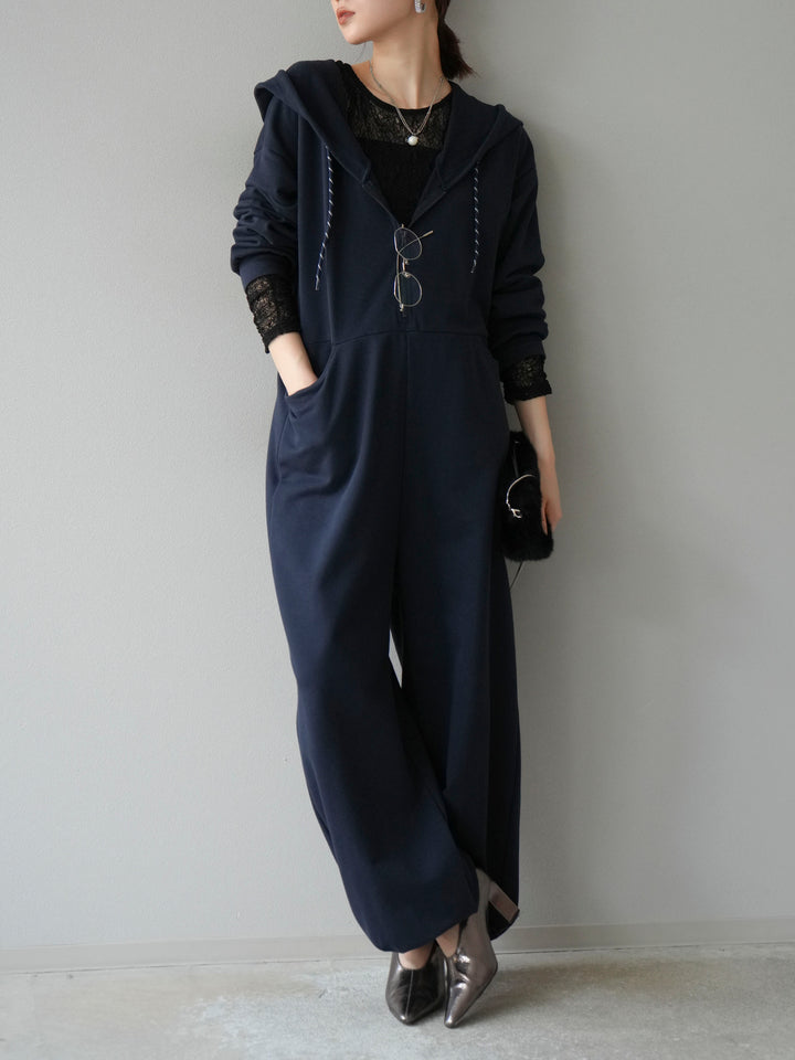 [予約]ミニ裏毛フーディージャンプスーツ/ダークネイビー