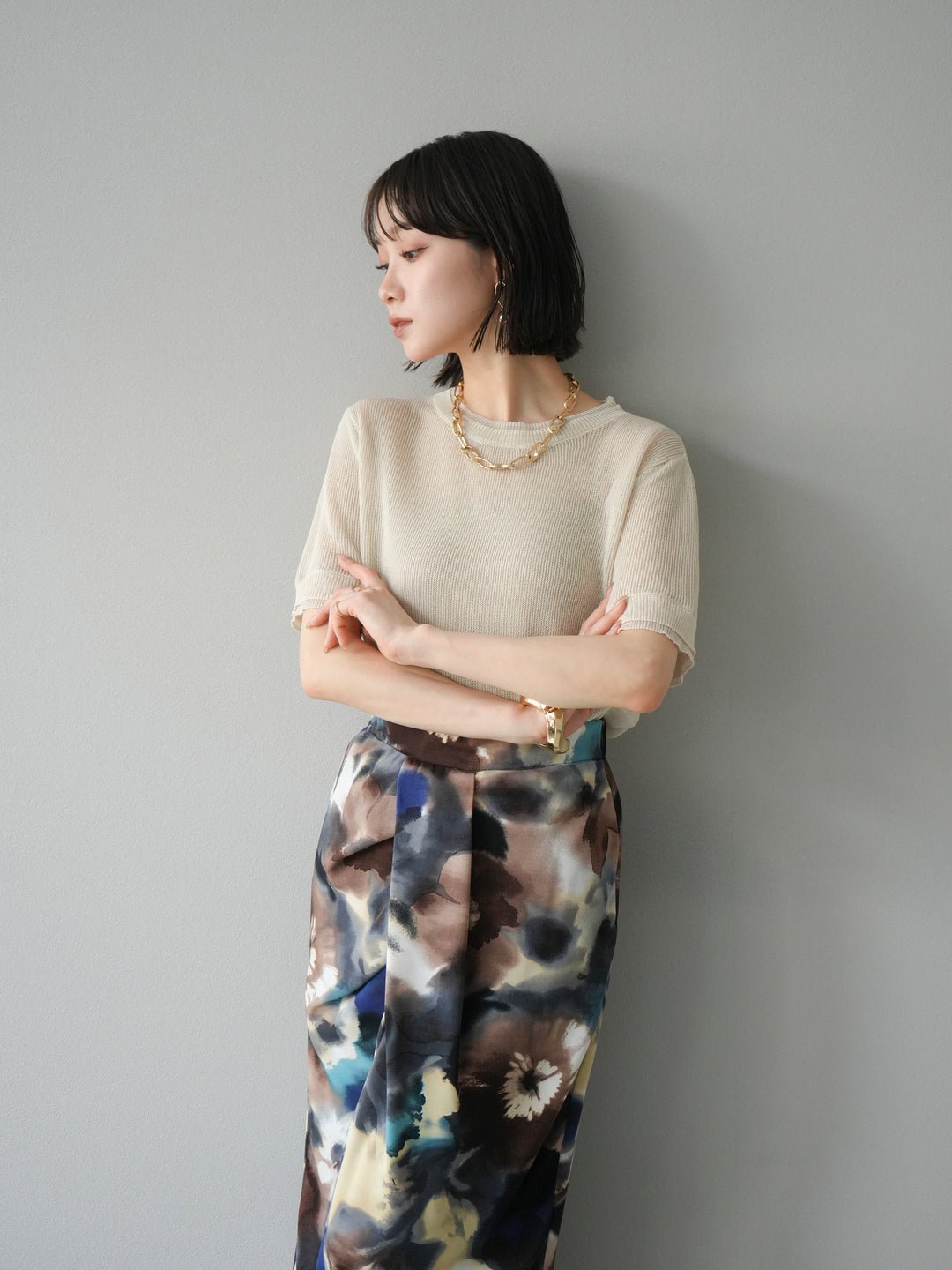 [SET]リネンタッチ配色二重臼ハーフニットトップス+選べるアソート柄スカートセット(2set)