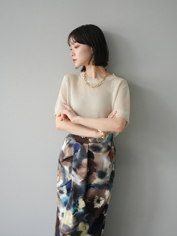 [SET]リネンタッチ配色二重臼ハーフニットトップス+選べるアソート柄スカートセット(2set)