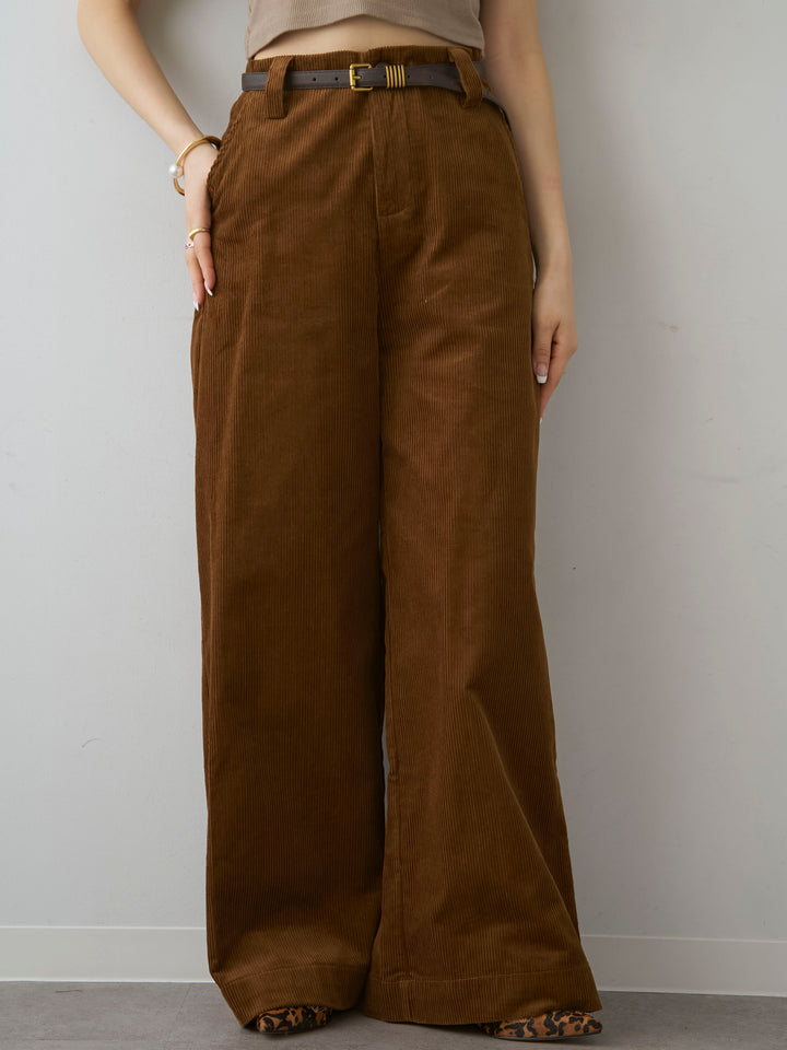 [予約]ベルト付コーディロイワイドストレートパンツ/brown