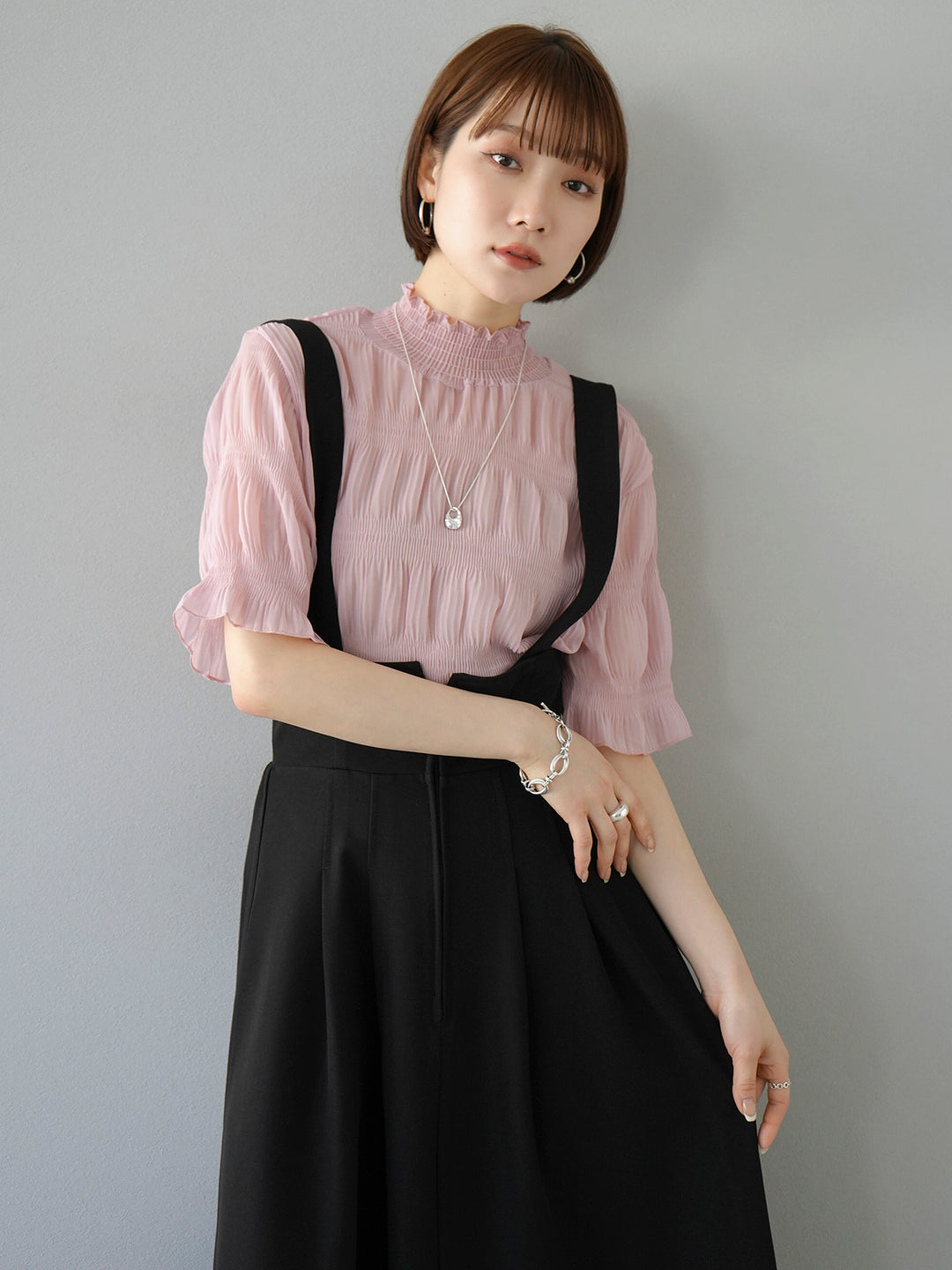 [SET] Shirring chiffon half sleeve blouse + 2WAY flare jumper skirt (2set)