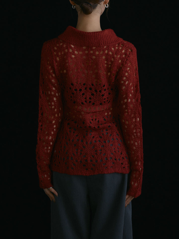 [予約]ローゲージ透かし編みポロニッカーディガン/レッド