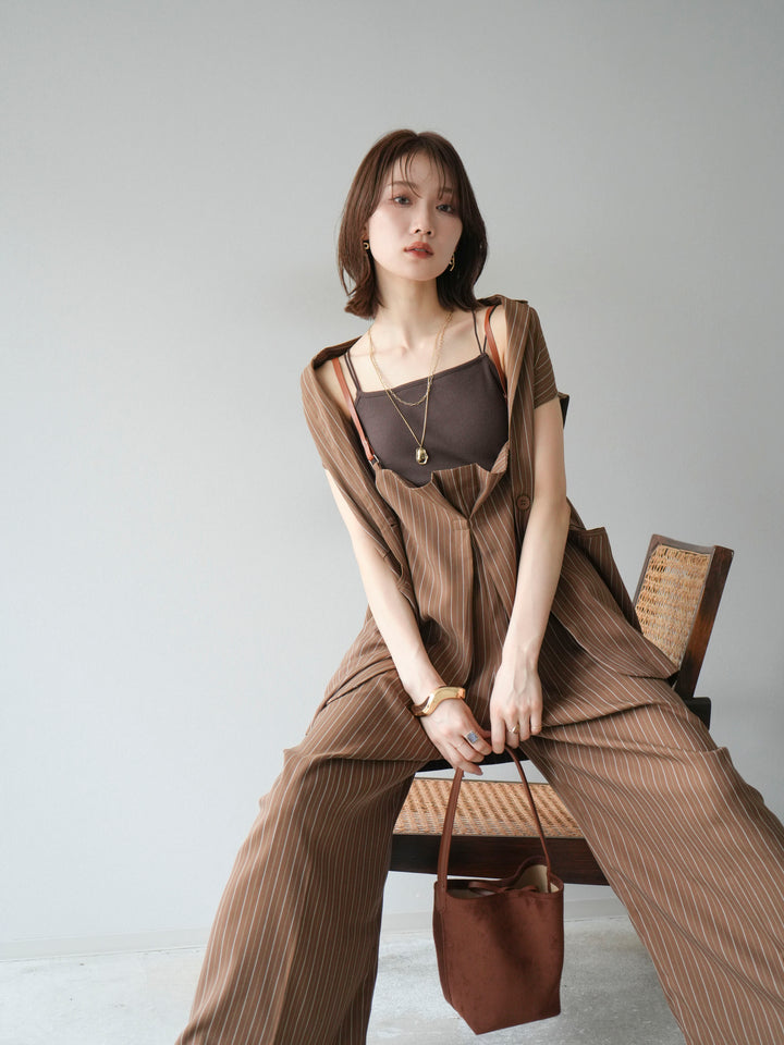 【着回しセット】[SET]ヘリンボーンストライプジレ+シアー切替ベロアトップス+ヘリンボーンストライプサロペット(3set)