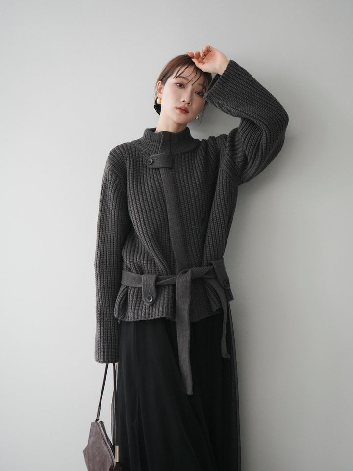 [予約]畦編みボトルネックZIPニットカーディガン/ gray