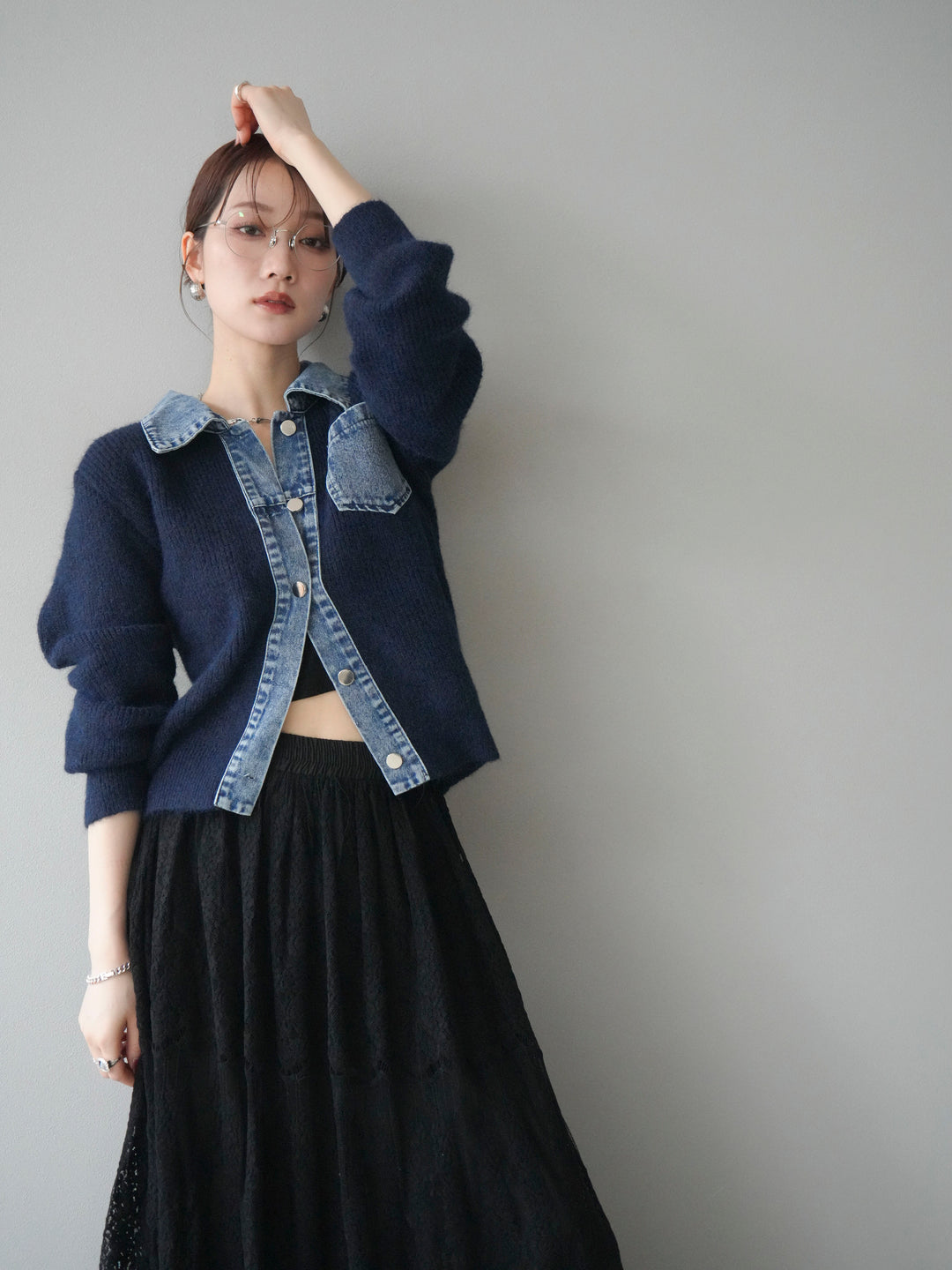 [予約]デニム襟ポケットニットカーディガン/navy