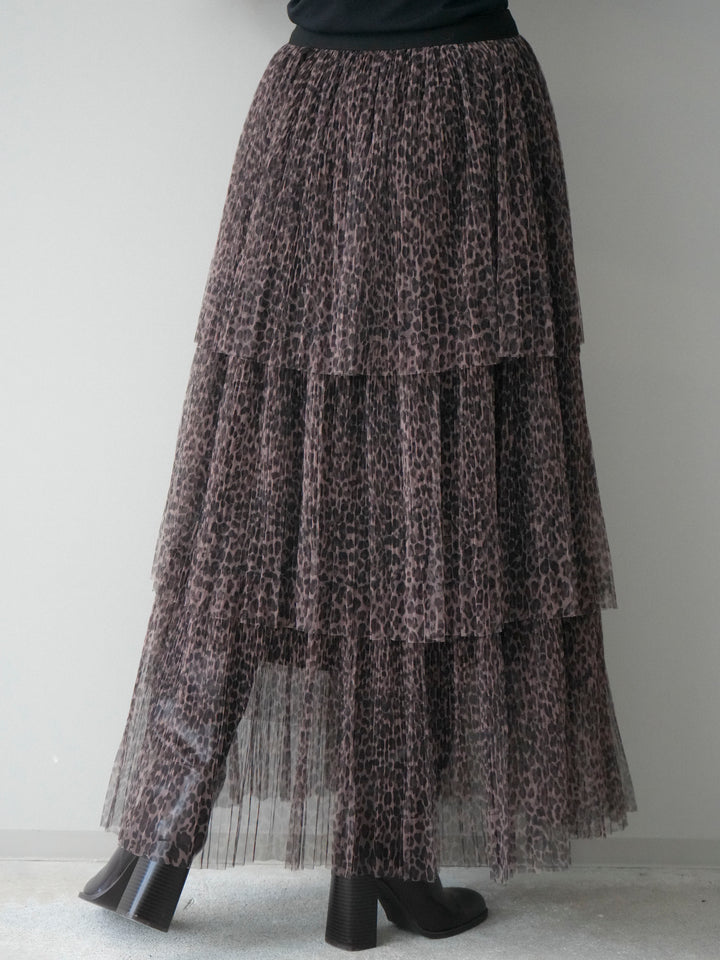 [予約]レオパード柄チュールフリルスカート/brown